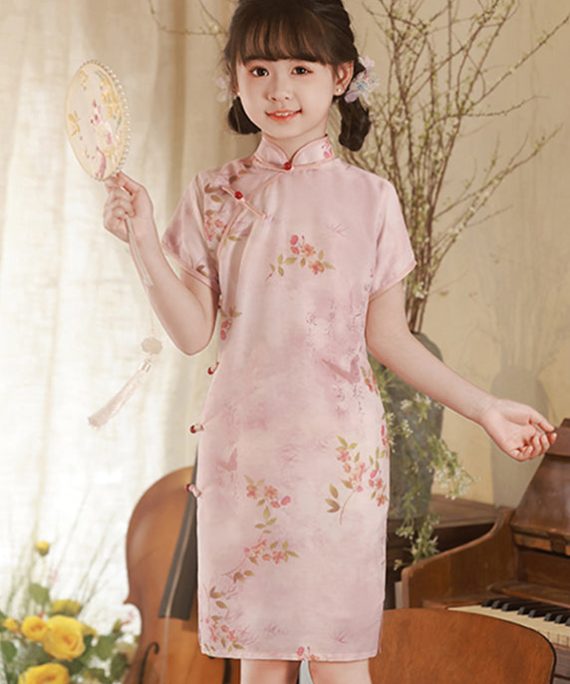 Elegant Pink Print Button Kids Long Dress Summer