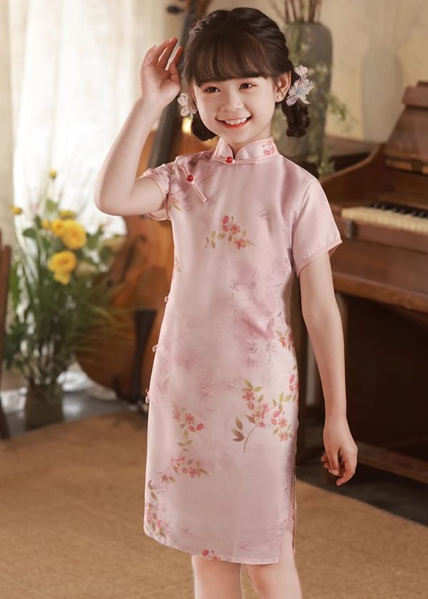 Elegant Pink Print Button Kids Long Dress Summer - Image 3