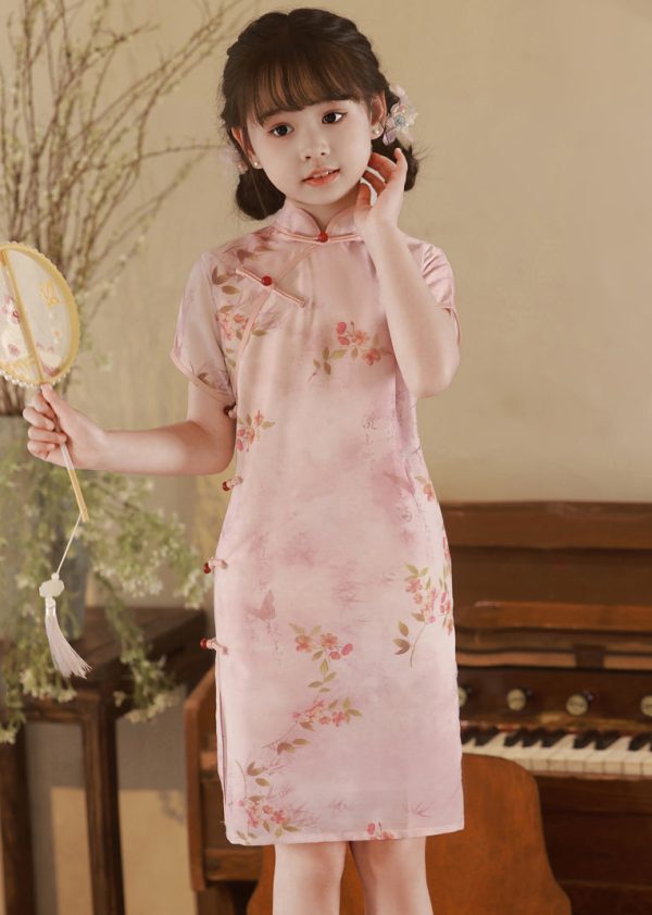 Elegant Pink Print Button Kids Long Dress Summer - Image 4