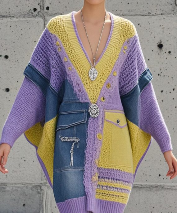 Elegant Purple Asymmetrical Patchwork Denim Long Sweater Batwing Sleeve