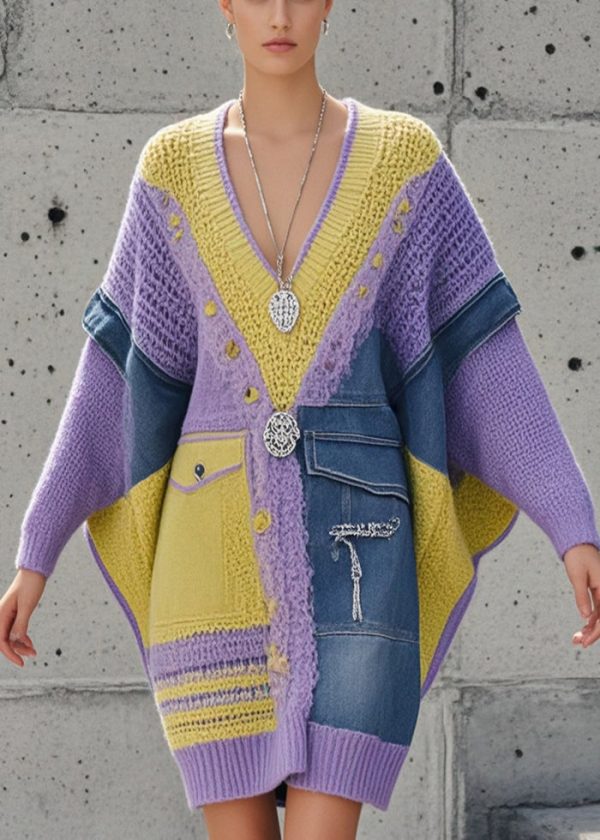 Elegant Purple Asymmetrical Patchwork Denim Long Sweater Batwing Sleeve - Image 3