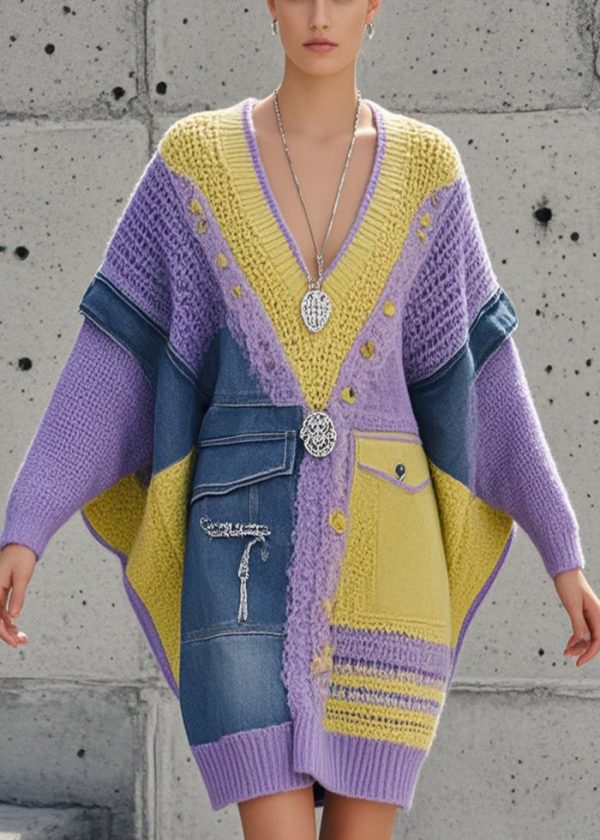 Elegant Purple Asymmetrical Patchwork Denim Long Sweater Batwing Sleeve - Image 5