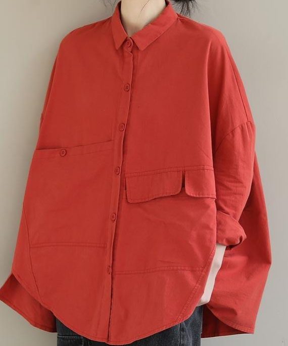 Elegant Red Blouse Lapel Asymmetric Short Shirt Top
