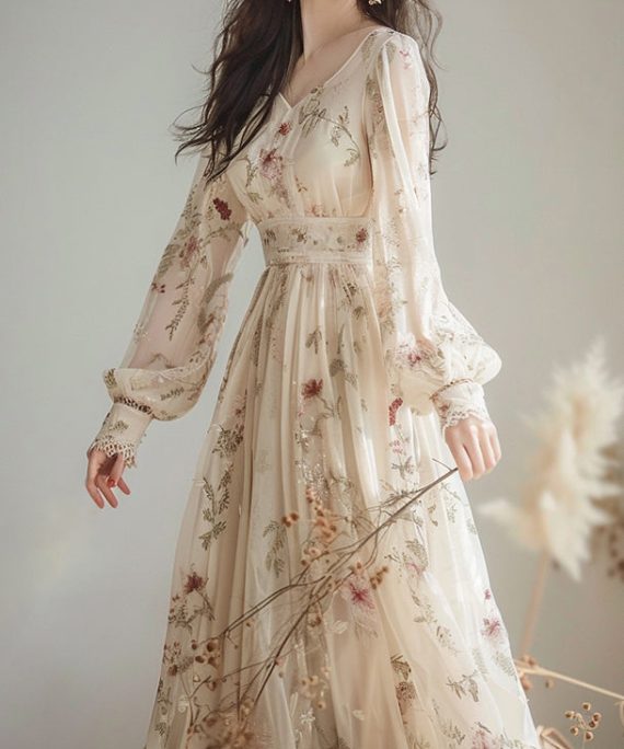 Elegant V Neck Print High Waist Chiffon Dress Long Sleeve