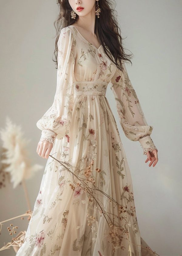 Elegant V Neck Print High Waist Chiffon Dress Long Sleeve - Image 2