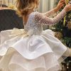 Elegant White Backless Sequins Patchwork Tulle Kids Mid Dresses Spring