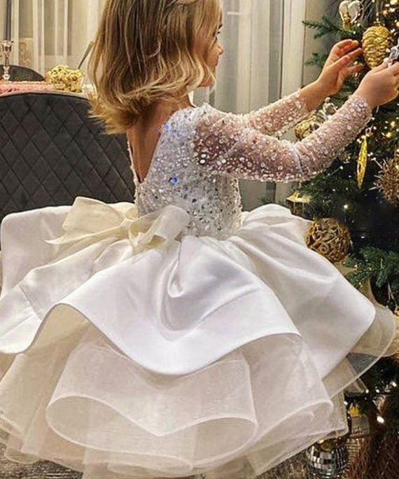 Elegant White Backless Sequins Patchwork Tulle Kids Mid Dresses Spring