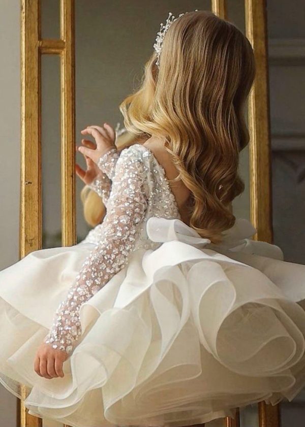 Elegant White Backless Sequins Patchwork Tulle Kids Mid Dresses Spring - Image 4