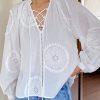 Elegant White Embroidered Hollow Out Lace Up Cotton Blouses Spring