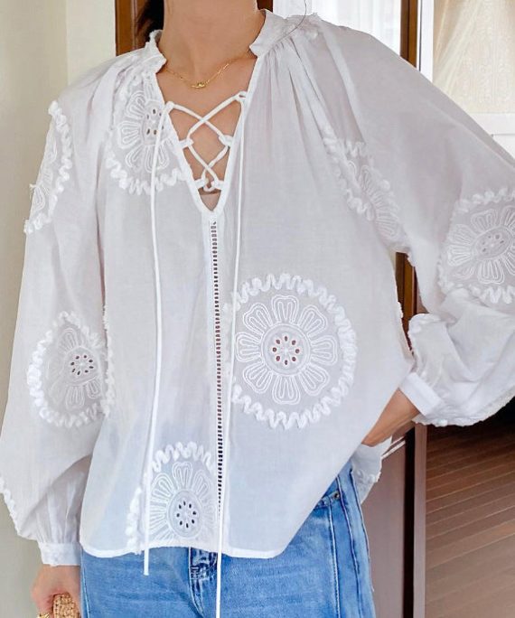 Elegant White Embroidered Hollow Out Lace Up Cotton Blouses Spring