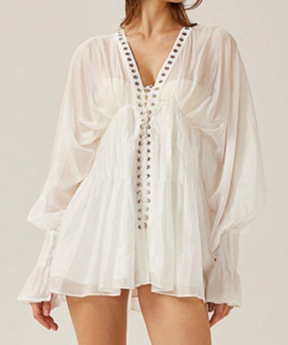 Elegant White Lace Up Hollow Out Thin Cotton Blouses Butterfly Sleeve