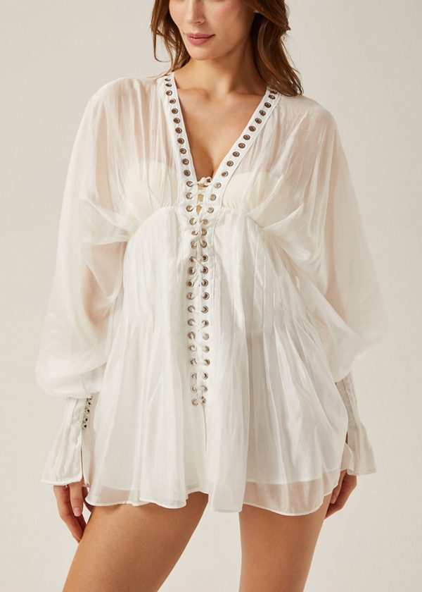 Elegant White Lace Up Hollow Out Thin Cotton Blouses Butterfly Sleeve - Image 2