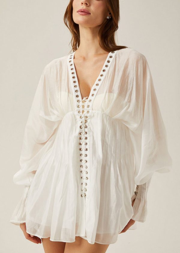Elegant White Lace Up Hollow Out Thin Cotton Blouses Butterfly Sleeve - Image 3