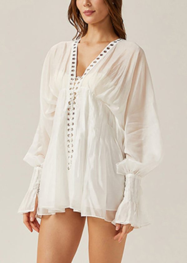 Elegant White Lace Up Hollow Out Thin Cotton Blouses Butterfly Sleeve - Image 4