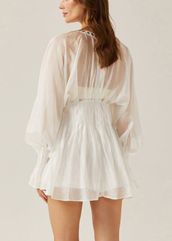 Elegant White Lace Up Hollow Out Thin Cotton Blouses Butterfly Sleeve - Image 5