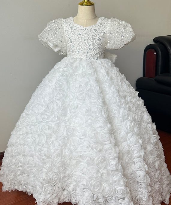 Elegant White O-Neck Floral Tulle Kids Maxi Dresses Short Sleeve