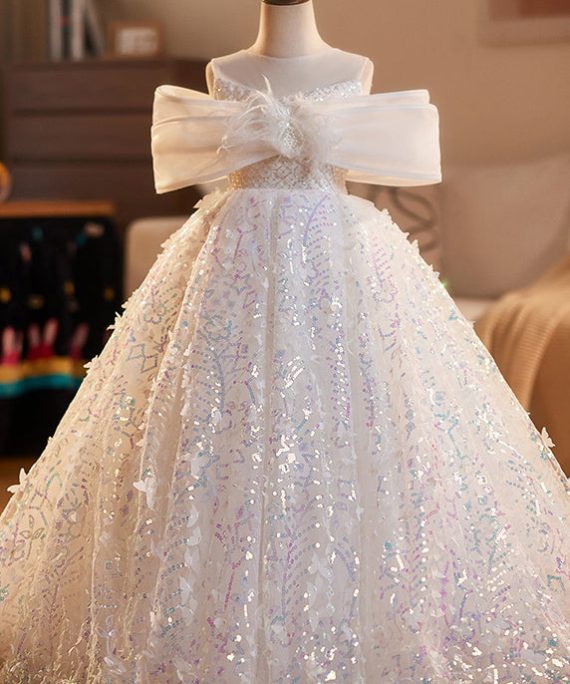 Elegant White O-Neck Sequins Tulle Girls Vacation Long Dresses Summer