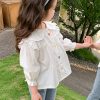 Elegant White Ruffled Button Cotton Girls Shirt Flare Sleeve