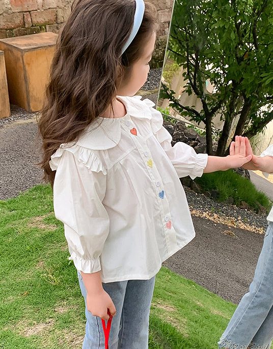 Elegant White Ruffled Button Cotton Girls Shirt Flare Sleeve