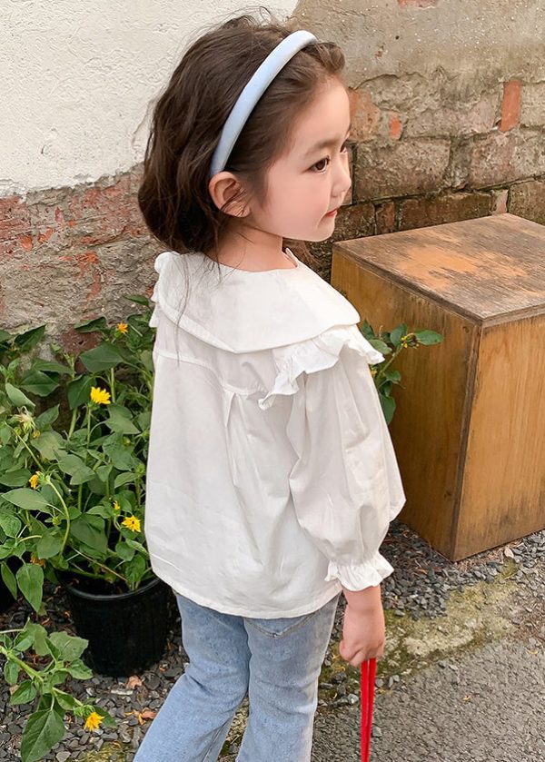 Elegant White Ruffled Button Cotton Girls Shirt Flare Sleeve - Image 5