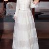 Elegant White Sequins Nail Bead Coats And Tulle Maxi Skirt Two Pieces Set Spring