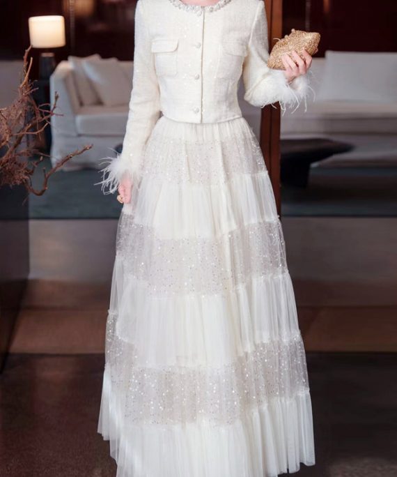 Elegant White Sequins Nail Bead Coats And Tulle Maxi Skirt Two Pieces Set Spring