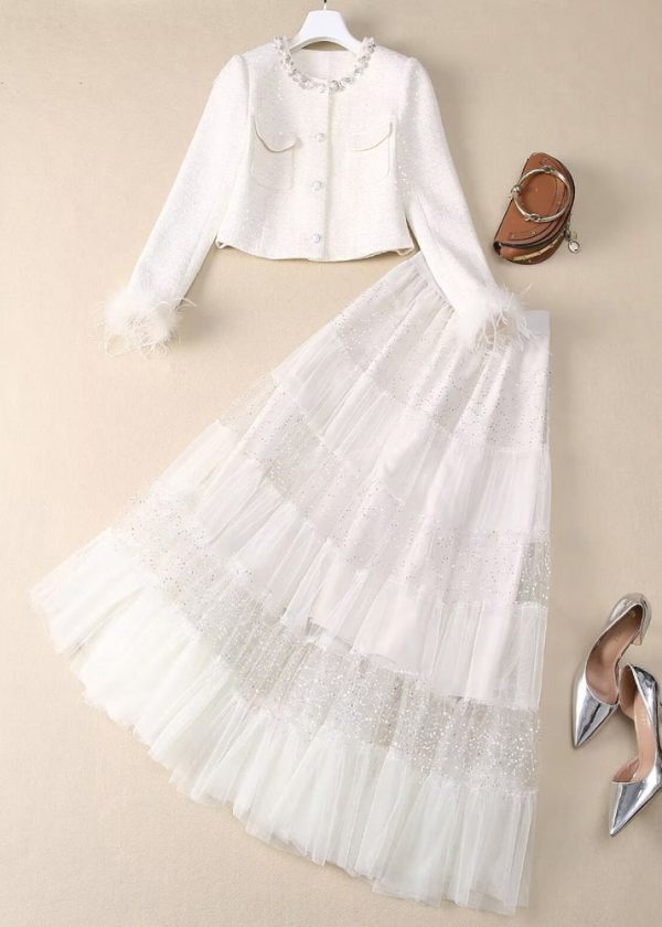 Elegant White Sequins Nail Bead Coats And Tulle Maxi Skirt Two Pieces Set Spring - Image 3