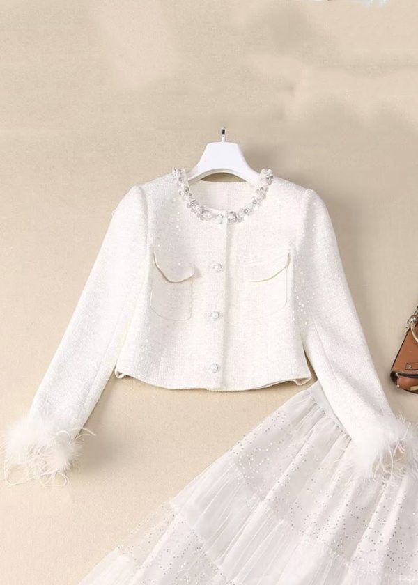 Elegant White Sequins Nail Bead Coats And Tulle Maxi Skirt Two Pieces Set Spring - Image 4