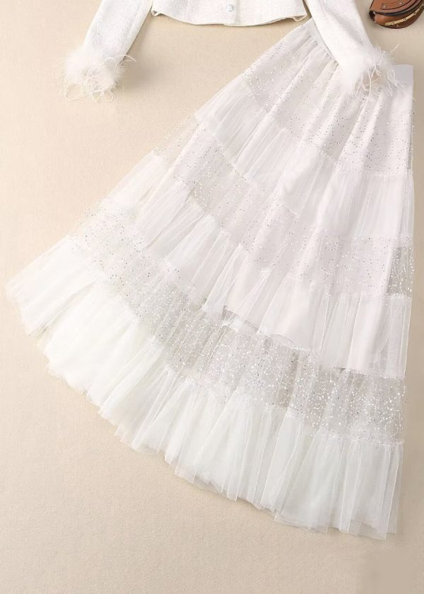 Elegant White Sequins Nail Bead Coats And Tulle Maxi Skirt Two Pieces Set Spring - Image 5