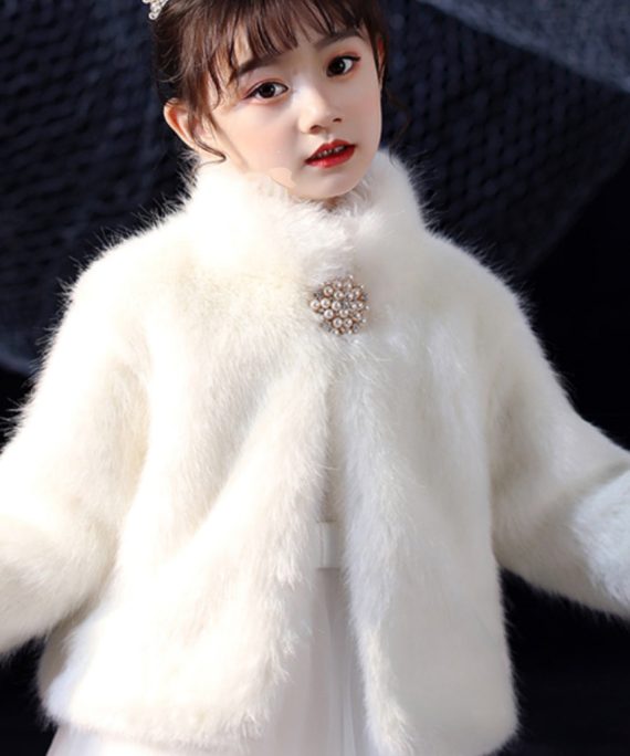 Elegant White Stand Collar Mink Velvet Girls Cloak Spring