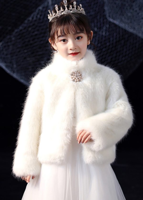 Elegant White Stand Collar Mink Velvet Girls Cloak Spring - Image 2