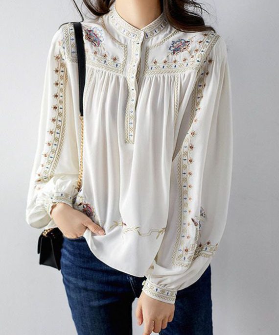 Elegant White 2025 Embroideried Chiffon Blouse Tops Long Sleeve