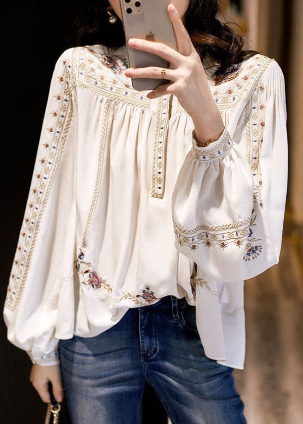 Elegant White 2025 Embroideried Chiffon Blouse Tops Long Sleeve - Image 2