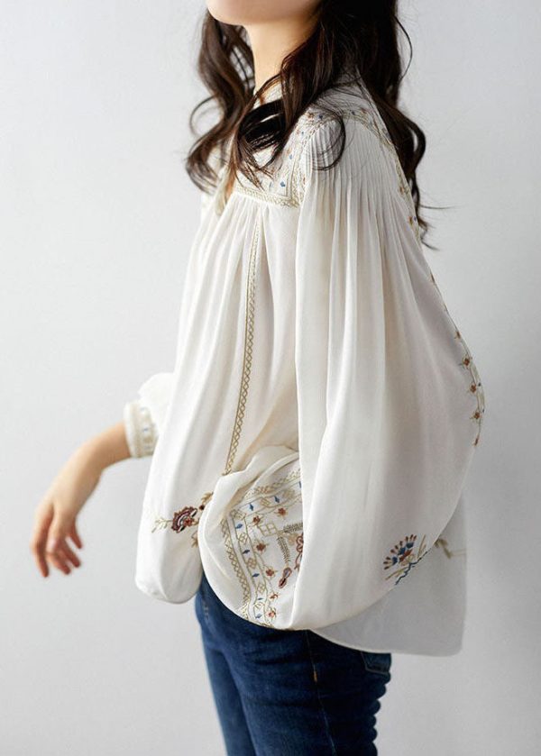 Elegant White 2025 Embroideried Chiffon Blouse Tops Long Sleeve - Image 4