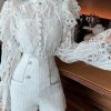 Elegant White Turtleneck Embroidered Lace Shirts Flare Sleeve