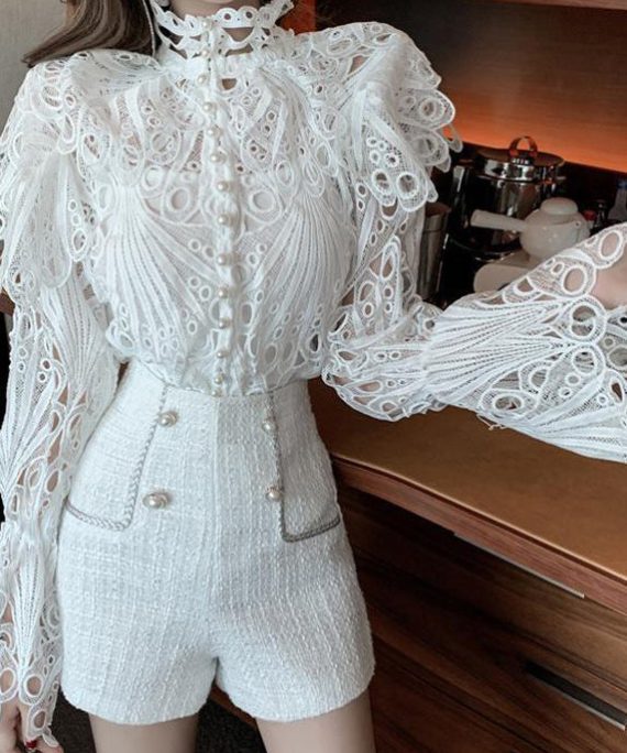 Elegant White Turtleneck Embroidered Lace Shirts Flare Sleeve