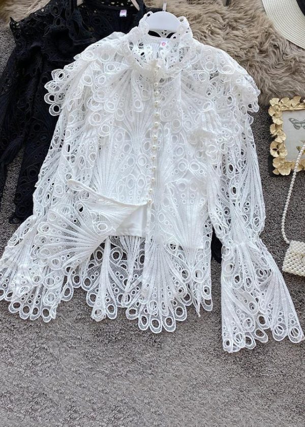 Elegant White Turtleneck Embroidered Lace Shirts Flare Sleeve - Image 5