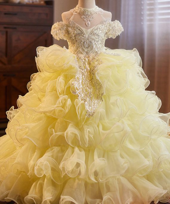 Elegant Yellow Cold Shoulder Hollow Out Tulle Kids Maxi Dress Sleeveless
