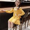 Elegant Yellow O-Neck Patchwork Girls A Line Mid Dress Long Sleeve