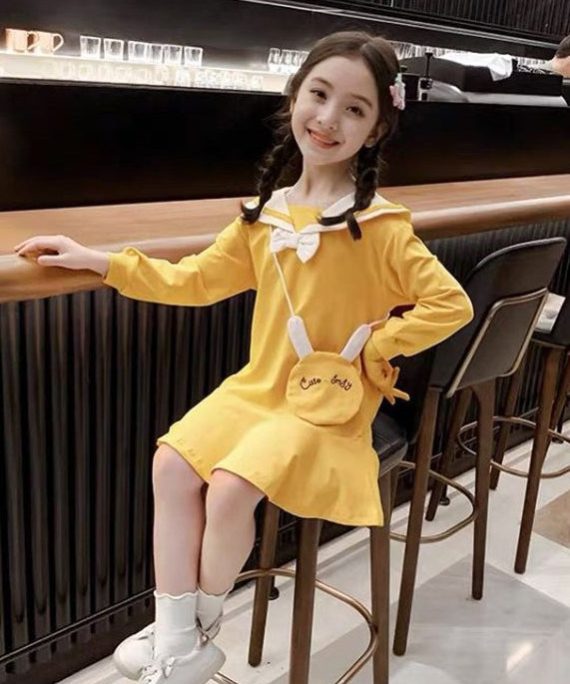 Elegant Yellow O-Neck Patchwork Girls A Line Mid Dress Long Sleeve