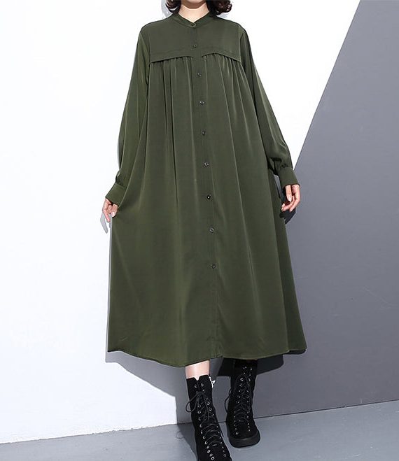 Elegant army green autumn silk cotton blended dress plus size stand collar silk cotton blended clothing dresses 2018 pockets Cinched long dresses