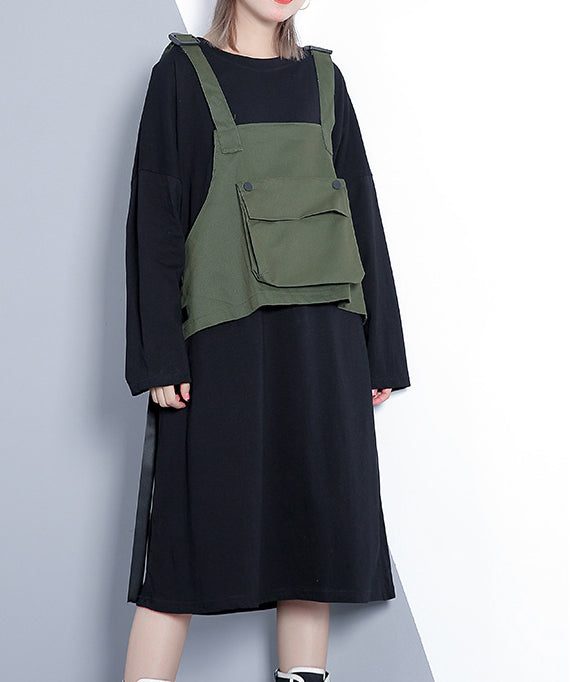 Elegant army green fall Loose fitting casual dress false two pieces 2018 O neck dress
