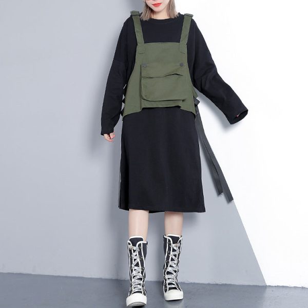Elegant army green fall Loose fitting casual dress false two pieces 2018 O neck dress - Image 2