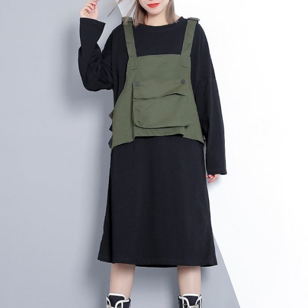 Elegant army green fall Loose fitting casual dress false two pieces 2018 O neck dress - Image 3