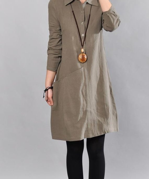 Elegant army green linen knee dress Loose fitting cotton shirt dresses vintage big pockets long sleeve cotton clothing dresses