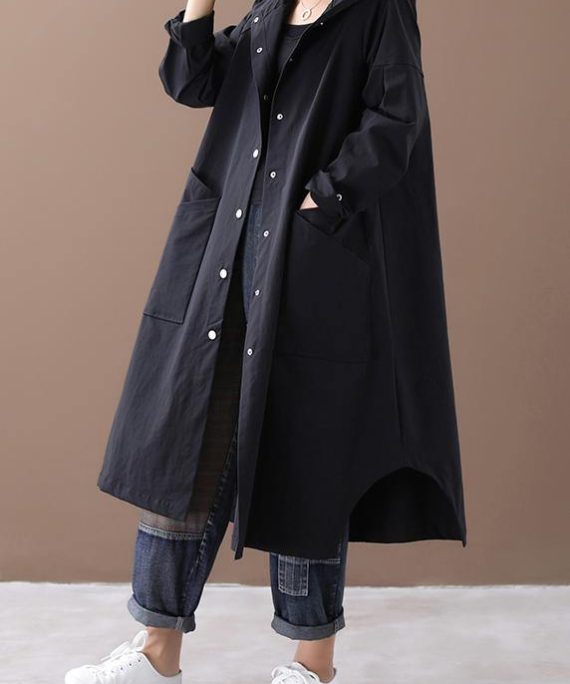Elegant black Fashion box coat Inspiration hooded Large pockets outwears