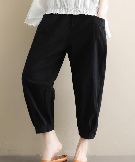 Elegant black Jeans elastic waist asymmetric Fabrics casual pants