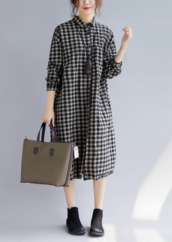 Elegant black Plaid natural cotton shirt dress trendy plus size Turn-down Collar pockets traveling clothing casual long sleeve baggy shirt dresses - Image 6