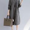 Elegant black Plaid natural cotton shirt dress trendy plus size Turn-down Collar pockets traveling clothing casual long sleeve baggy shirt dresses