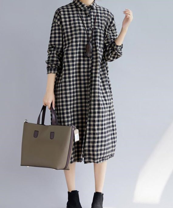 Elegant black Plaid natural cotton shirt dress trendy plus size Turn-down Collar pockets traveling clothing casual long sleeve baggy shirt dresses